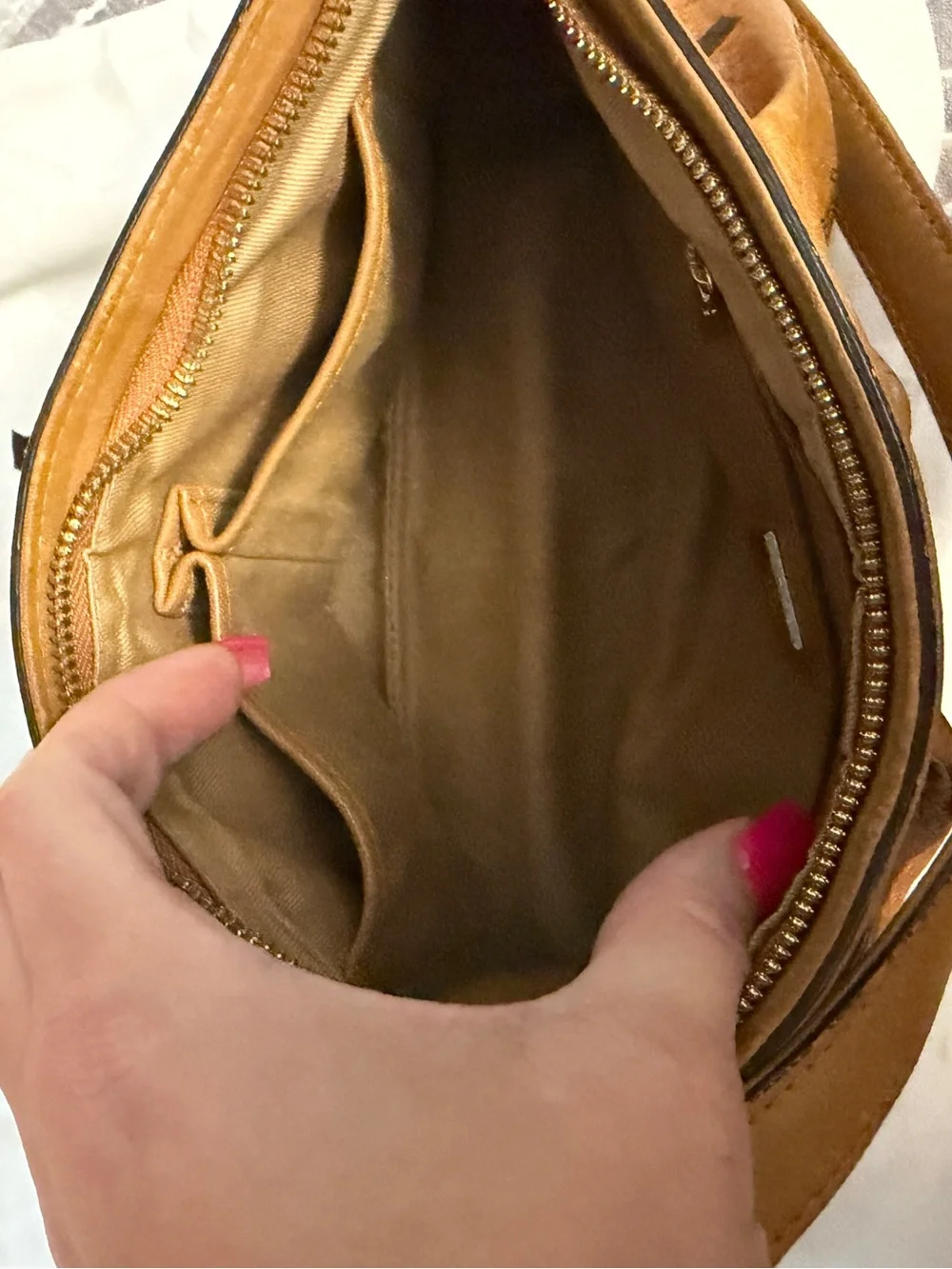MCM Cognac Logo Print Shoulder Bag with Gold Plate